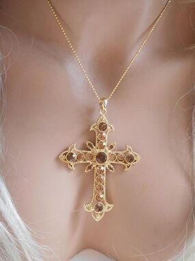 Large Cross Necklace Quality Amber Crystals Gold Plated